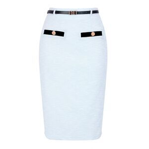 Women's Pencil Skirt Button Decor Bodycon Office Tweed Skirt w Belt Light Blue